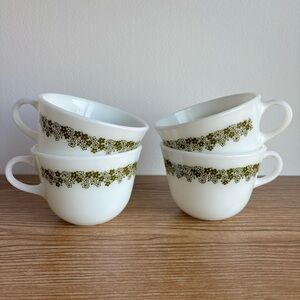Set of 4 Vintage Pyrex Green Crazy Daisy Spring Blossom Coffee Tea Cup Mugs